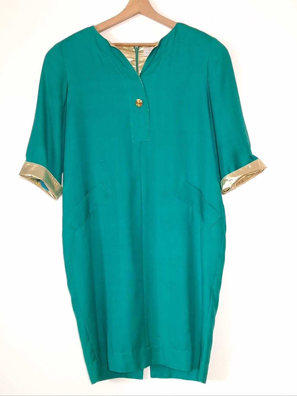 Vintage Adrianna Papell Dress Silk 80s 90s Turquoise Gold Lamé Women's Size